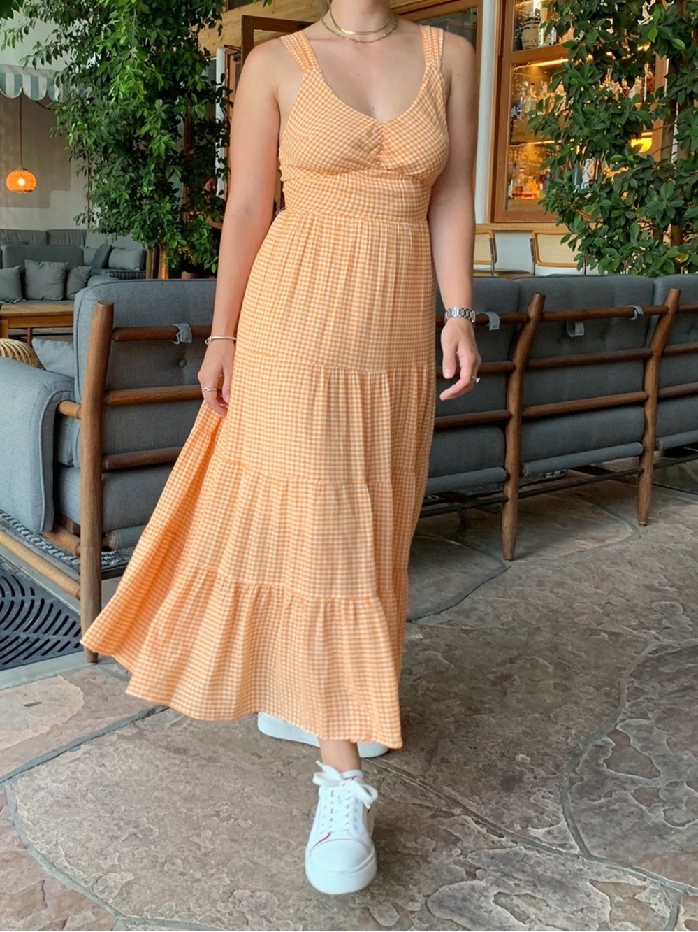 Peach Gingham Tiered Maxi Dress with Wide Straps